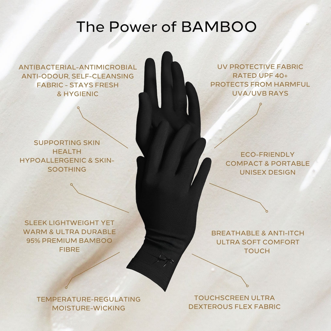 Premium bamboo wellness gloves for sensitive, eczema prone and dry skin, lightweight, breathable, hypoallergenic and temperature-regulating hand-care gloves designed for comfort, moisturising rituals and daily wear; soft, silky, second-skin fabric that soothes irritation and supports skin health with elegant, unisex style.