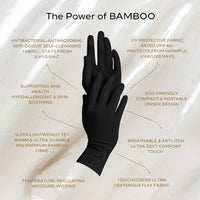 Premium bamboo wellness gloves for sensitive, eczema prone and dry skin, lightweight, breathable, hypoallergenic and temperature-regulating hand-care gloves designed for comfort, moisturising rituals and daily wear; soft, silky, second-skin fabric that soothes irritation and supports skin health with elegant, unisex style.