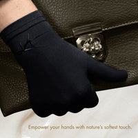 Premium bamboo wellness gloves for sensitive, eczema prone and dry skin, lightweight, breathable, hypoallergenic and temperature-regulating hand-care gloves designed for comfort, moisturising rituals and daily wear; soft, silky, second-skin fabric that soothes irritation and supports skin health with elegant, unisex style.