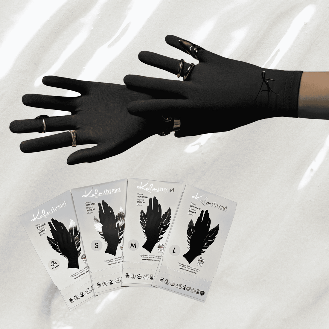 Premium bamboo wellness gloves for sensitive, eczema-prone and dry skin, lightweight, breathable, hypoallergenic and temperature-regulating hand-care gloves designed for comfort, moisturising rituals and daily wear; soft, silky, second-skin fabric that soothes irritation and supports skin health with elegant, unisex style.