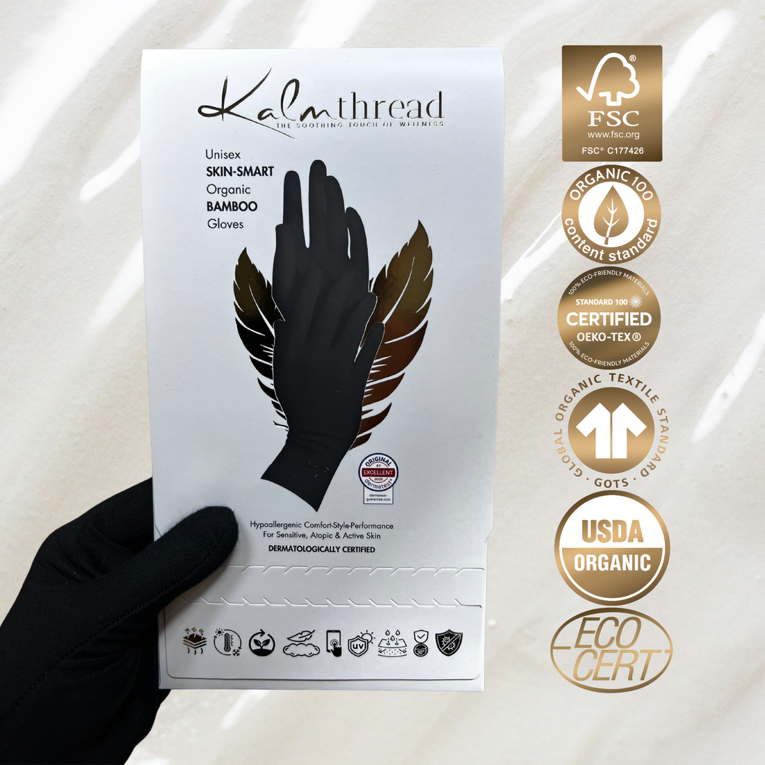 Premium bamboo wellness gloves for sensitive, eczema-prone and dry skin, lightweight, breathable, hypoallergenic and temperature-regulating hand-care gloves designed for comfort, moisturising rituals and daily wear; soft, silky, second-skin fabric that soothes irritation and supports skin health with elegant, unisex style.