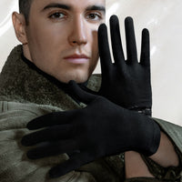 Premium bamboo wellness black gloves for men with sensitive, eczema-prone and dry skin, lightweight, thin, breathable, hypoallergenic, touchscreen, UV protective and thermal hand-care gloves designed for comfort, driving, biking, running, cycling, moisturising rituals and daily wear; soft, silky, second-skin fabric that soothes irritation and supports skin health with elegant, unisex style.