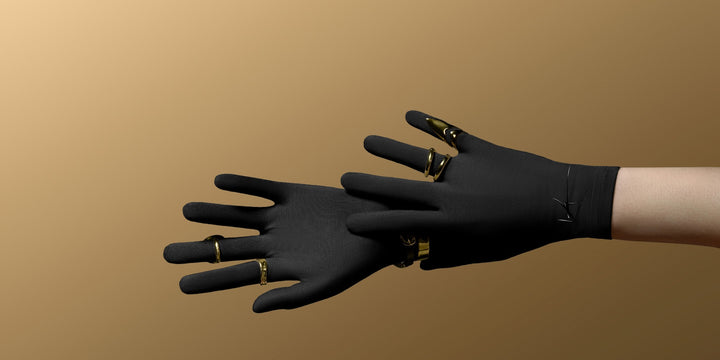 Premium bamboo wellness black gloves for sensitive, eczema-prone and dry skin, lightweight, breathable, hypoallergenic and temperature-regulating hand-care gloves designed for comfort, moisturising rituals and daily wear; soft, silky, second-skin fabric that soothes irritation and supports skin health with elegant, unisex style.