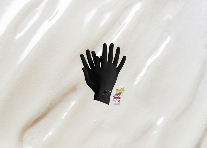 Premium bamboo wellness black gloves for sensitive, eczema-prone and dry skin, lightweight, thin, breathable, hypoallergenic, touchscreen, UV protective and thermal hand-care gloves designed for comfort, driving, biking, running, cycling, moisturising rituals and daily wear; soft, silky, second-skin fabric that soothes irritation and supports skin health with elegant, unisex style.