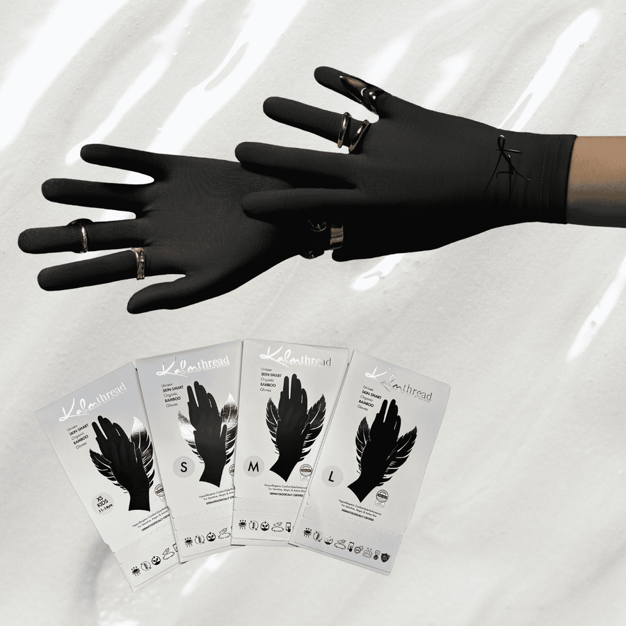 Premium bamboo wellness gloves for sensitive, eczema-prone and dry skin, lightweight, breathable, hypoallergenic and temperature-regulating hand-care gloves designed for comfort, moisturising rituals and daily wear; soft, silky, second-skin fabric that soothes irritation and supports skin health with elegant, unisex style.