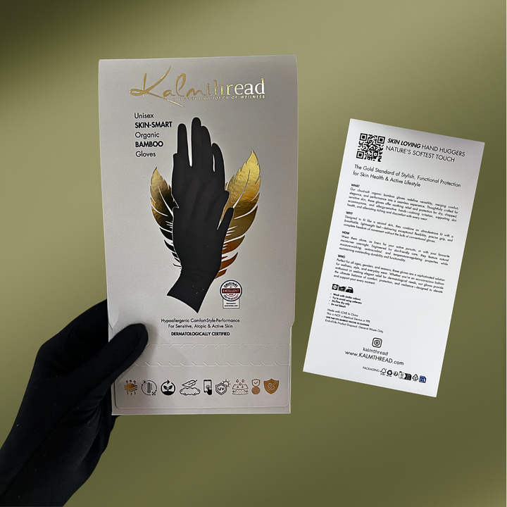Kalmthread unisex hypoallergenic soft breathable lightweight organic black and beige bamboo gloves made for sensitive skin and eczema relief
