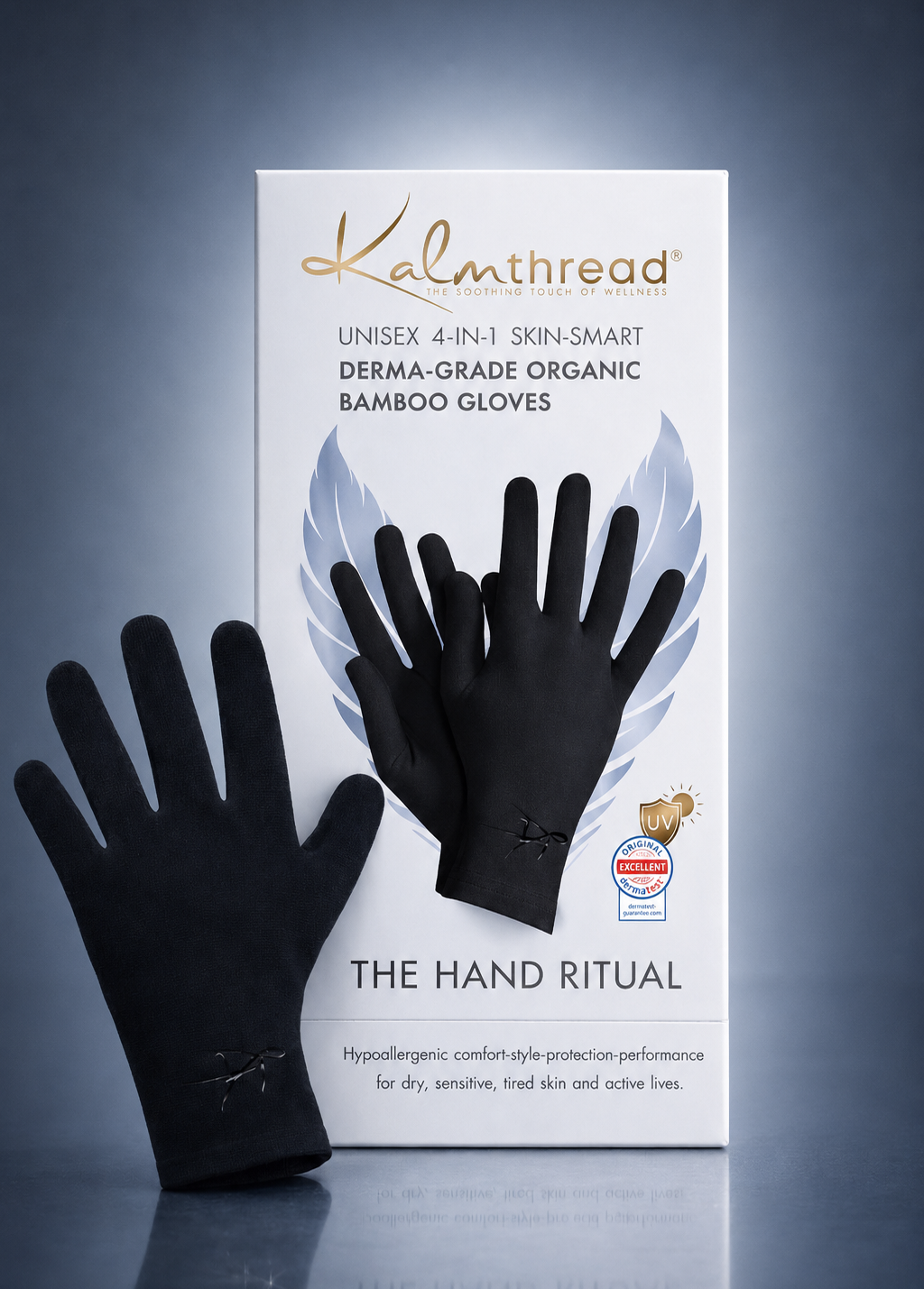 Premium bamboo wellness gloves for sensitive, eczema prone and dry skin, lightweight, breathable, hypoallergenic and temperature-regulating hand-care gloves designed for comfort, moisturising rituals and daily wear; soft, silky, second-skin fabric that soothes irritation and supports skin health with elegant, unisex style.