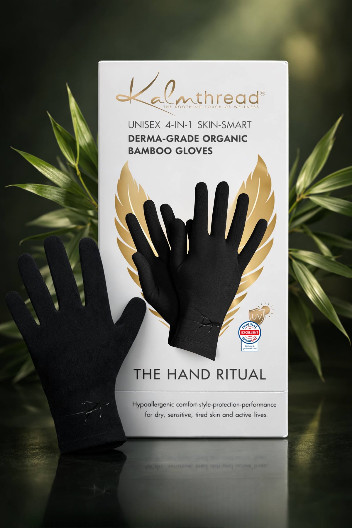 Premium bamboo wellness gloves for sensitive, eczema prone and dry skin, lightweight, breathable, hypoallergenic and temperature-regulating hand-care gloves designed for comfort, moisturising rituals and daily wear; soft, silky, second-skin fabric that soothes irritation and supports skin health with elegant, unisex style.
