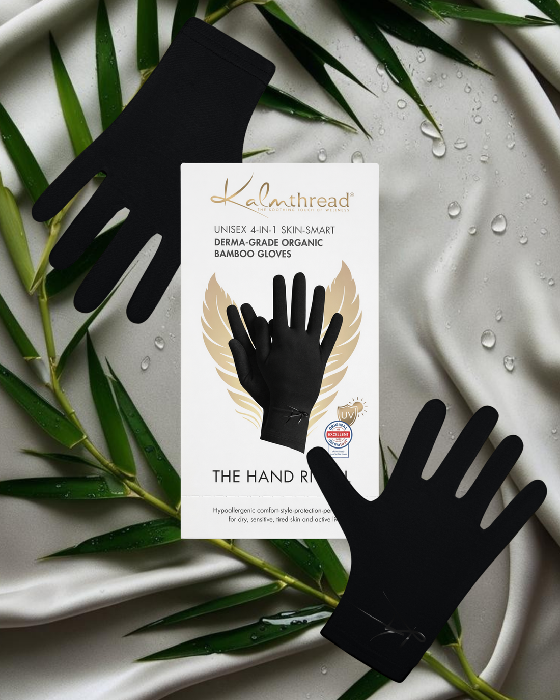 Premium bamboo wellness gloves for sensitive, eczema prone and dry skin, lightweight, breathable, hypoallergenic and temperature-regulating hand-care gloves designed for comfort, moisturising rituals and daily wear; soft, silky, second-skin fabric that soothes irritation and supports skin health with elegant, unisex style.